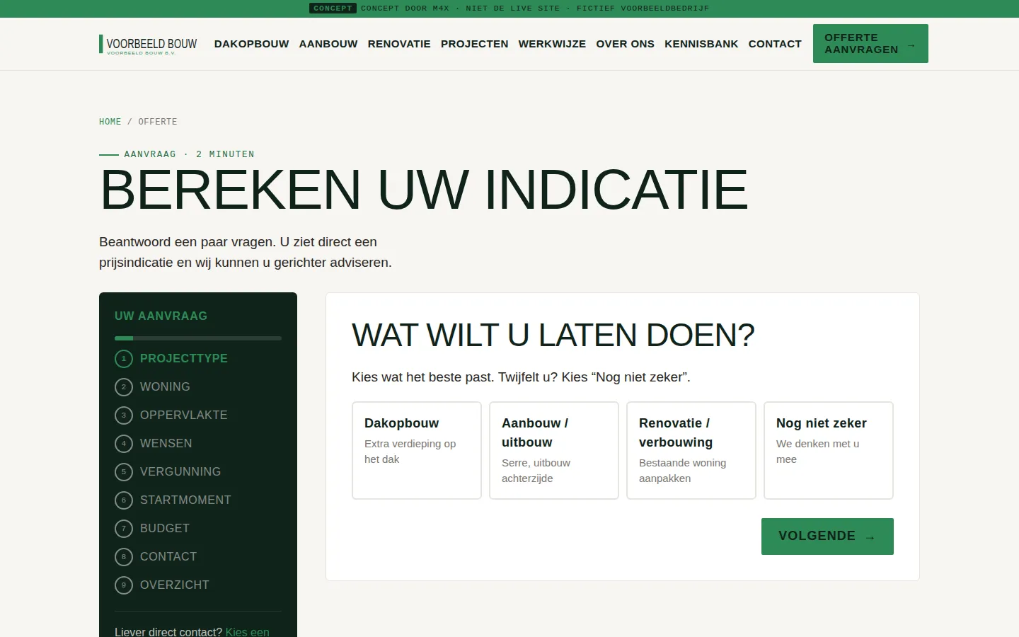 Voorbeeld: aanvraagpagina in stappen van een concept voor een verzonnen bouwbedrijf